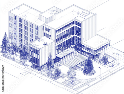 Isometric architectural blueprint drawing of a modern mixed-use building complex.