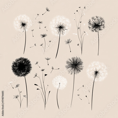 Collection of stylized dandelion flowers with flying seeds.