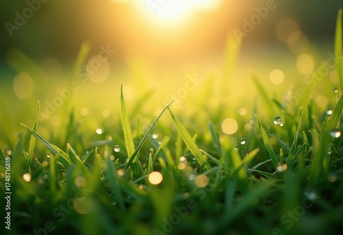 Serene Dawn Dew-Kissed Grassland with Reflective Blades and Glinting Sunlight