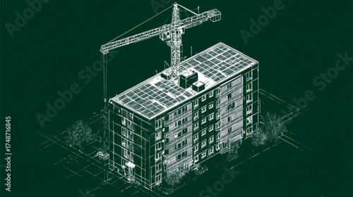Isometric architectural blueprint of a building under construction with a crane.