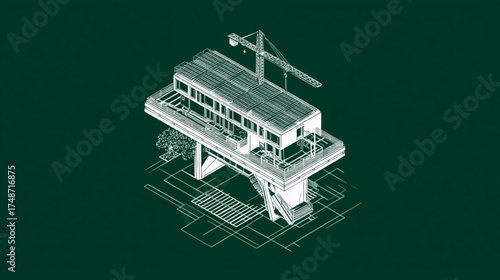 Technical blueprint drawing of a building under construction with a crane.