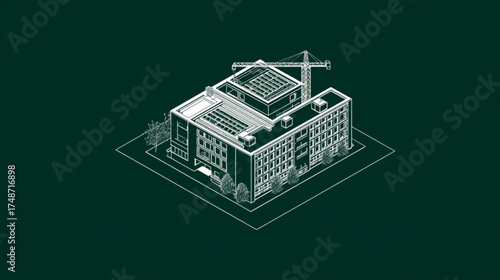 Isometric blueprint illustration of a modern building under construction.
