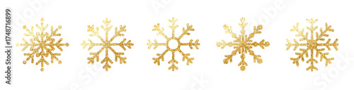 Gold glitter snowflake icon set on transparent background. PNG Shiny Christmas, New year and winter sparkling snow symbols.
