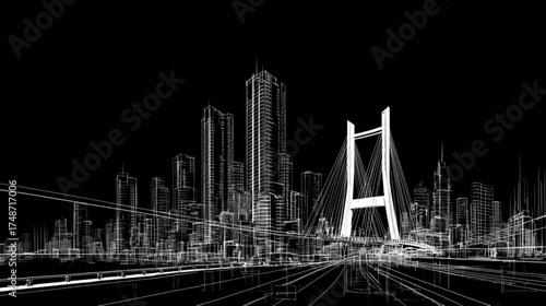 Architectural wireframe of a futuristic city skyline with a modern bridge.