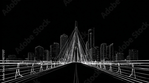 Digital wireframe of a modern bridge leading to a city skyline.
