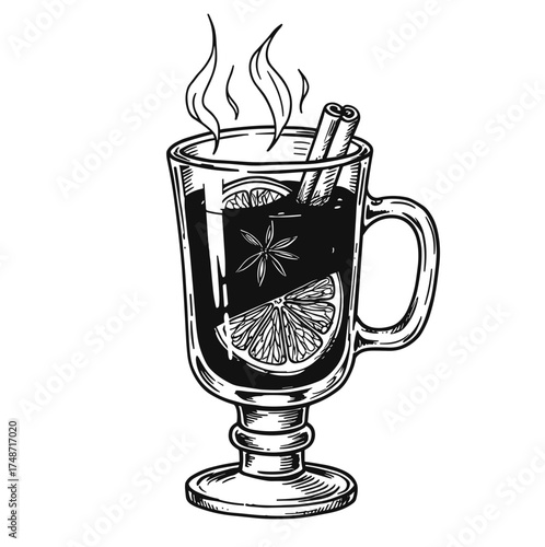 Hot spiced drink in a glass with citrus and cinnamon sticks vector illustration on transparent background      