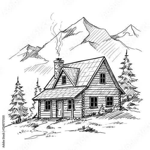 Hand-drawn log cabin in mountainous landscape with pine trees vector illustration  