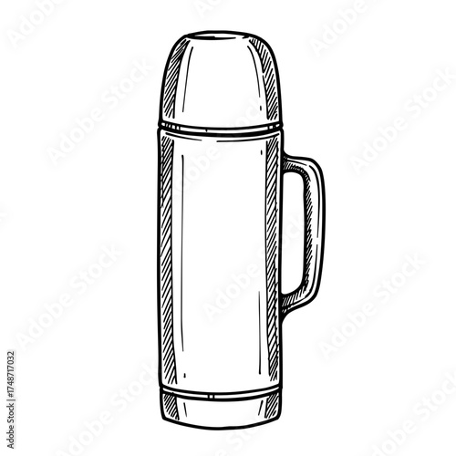 Insulated thermos bottle in hand-drawn style with handle vector illustration on transparent background