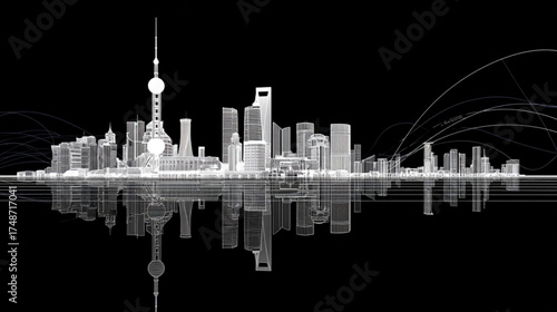 Stylized black and white graphic of the Shanghai city skyline with reflection.