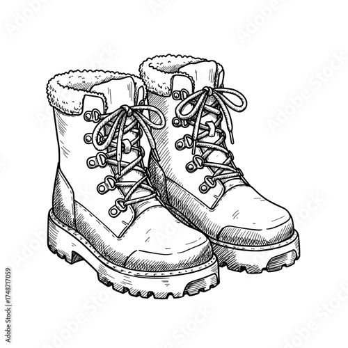Hiking boots with laces and fur lining in hand-drawn style vector illustration on transparent background    