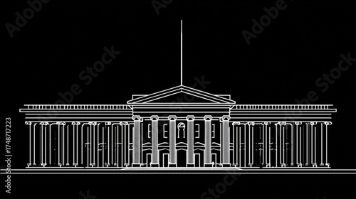 Architectural Blueprint Illustration of a Grand Neoclassical Building.