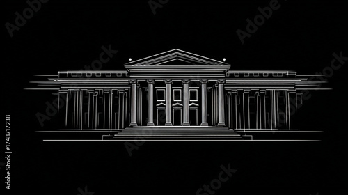 Monochrome wireframe illustration of a grand historical building.