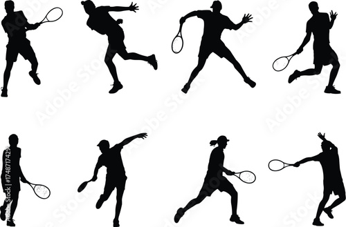 Tennis player silhouette set, dynamic poses, forehand, backhand, serve, volley, sports action, black figures, isolated, athletic movement, racket technique, competitive game illustration