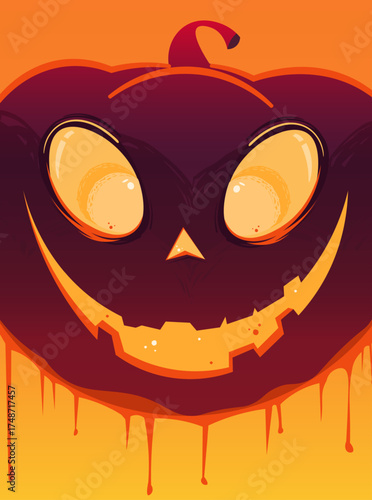 Grinning Halloween pumpkin silhouette with drips closeup. Cartoon vector facial parts on gradient lava background.