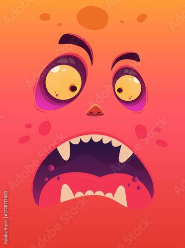 Wide-eyed crazy monster face closeup. Cartoon vector facial parts on gradient red skin background.