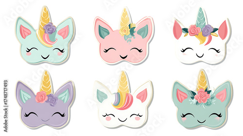 cute cartoon unicorn heads with pastel colors and flowers