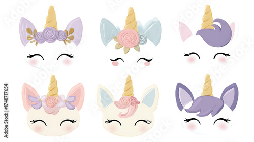 cute cartoon unicorn and bunny heads with pastel colors