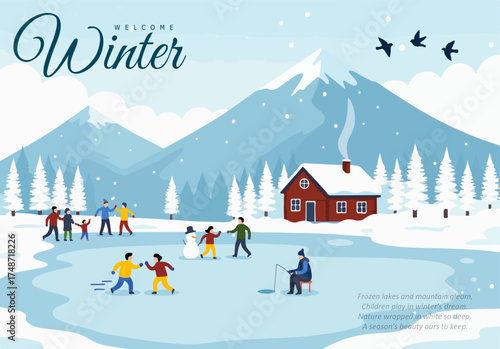 Welcome Winter Landscape Poster – People Skating, Snowy Mountains, Cabin, and Frozen Lake Illustration