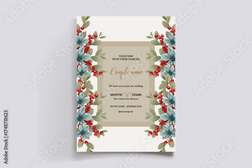 WEDDING INVITATION FRAME WITH FLOWER DECORATIONS AND FRESH LEAVES