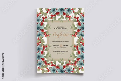 WEDDING INVITATION FRAME WITH FLOWER DECORATIONS AND FRESH LEAVES