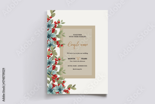 WEDDING INVITATION FRAME WITH FLOWER DECORATIONS AND FRESH LEAVES