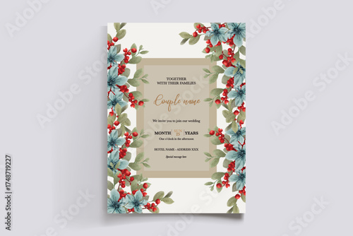 WEDDING INVITATION FRAME WITH FLOWER DECORATIONS AND FRESH LEAVES