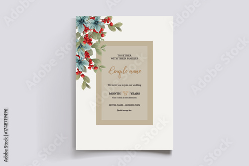 WEDDING INVITATION FRAME WITH FLOWER DECORATIONS AND FRESH LEAVES