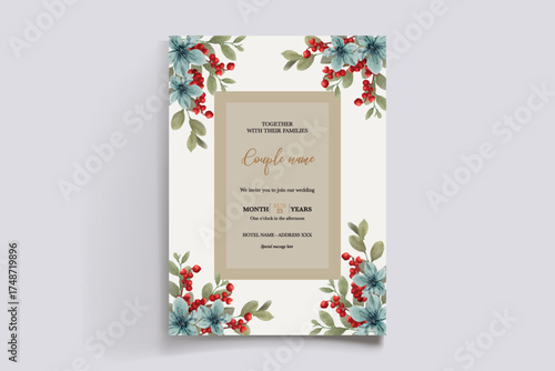 WEDDING INVITATION FRAME WITH FLOWER DECORATIONS AND FRESH LEAVES