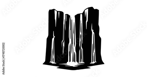 Beautiful waterfall silhouette vector illustration in black Great for outdoor themes, travel posters, and environmental designs