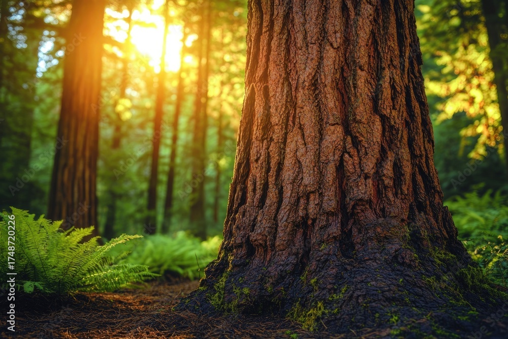 Fototapeta premium Golden sunlight bathes a majestic tree trunk in a lush, verdant forest. Ferns carpet the ground, creating a serene, mystical woodland.
