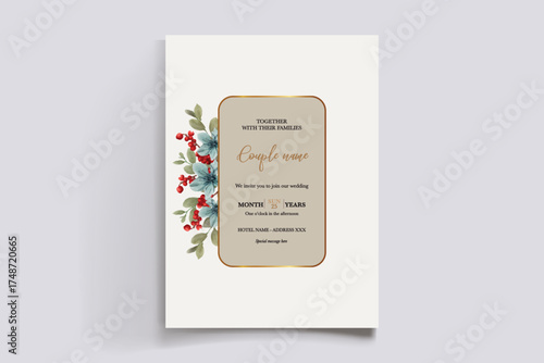 WEDDING INVITATION FRAME WITH FLOWER DECORATIONS AND FRESH LEAVES