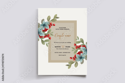WEDDING INVITATION FRAME WITH FLOWER DECORATIONS AND FRESH LEAVES