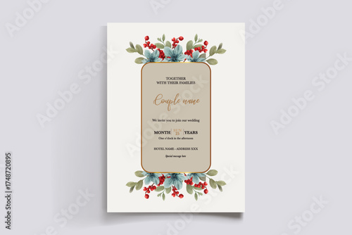 WEDDING INVITATION FRAME WITH FLOWER DECORATIONS AND FRESH LEAVES