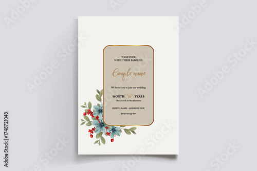 WEDDING INVITATION FRAME WITH FLOWER DECORATIONS AND FRESH LEAVES