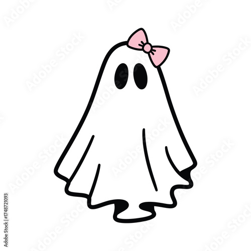 Cute cartoon ghost wearing a pink bow