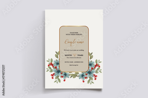 WEDDING INVITATION FRAME WITH FLOWER DECORATIONS AND FRESH LEAVES