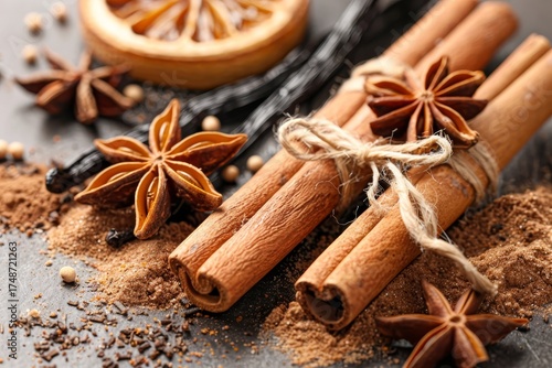 Aromatic Holiday Baking Spices Including Cinnamon Sticks and Star Anise for Festive Recipes