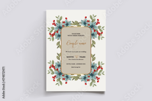 WEDDING INVITATION FRAME WITH FLOWER DECORATIONS AND FRESH LEAVES