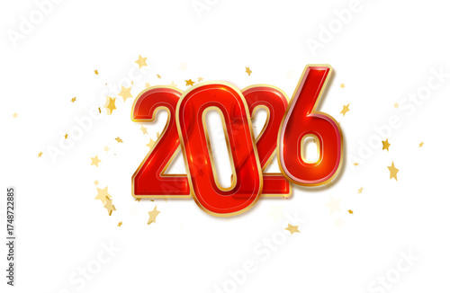 Golden red 2026 digits with glitter shine. Happy New Year banner with festive sparkle. Vector background