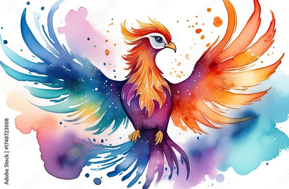 Fototapeta premium Vivid watercolor painting of a phoenix with vibrant, multicolored wings outstretched, surrounded by splashes of abstract color and light, representing energy, transformation, and creativity