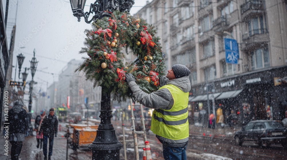 Obraz premium City worker decorates streetlamp with festive wreath during snowy winter scene