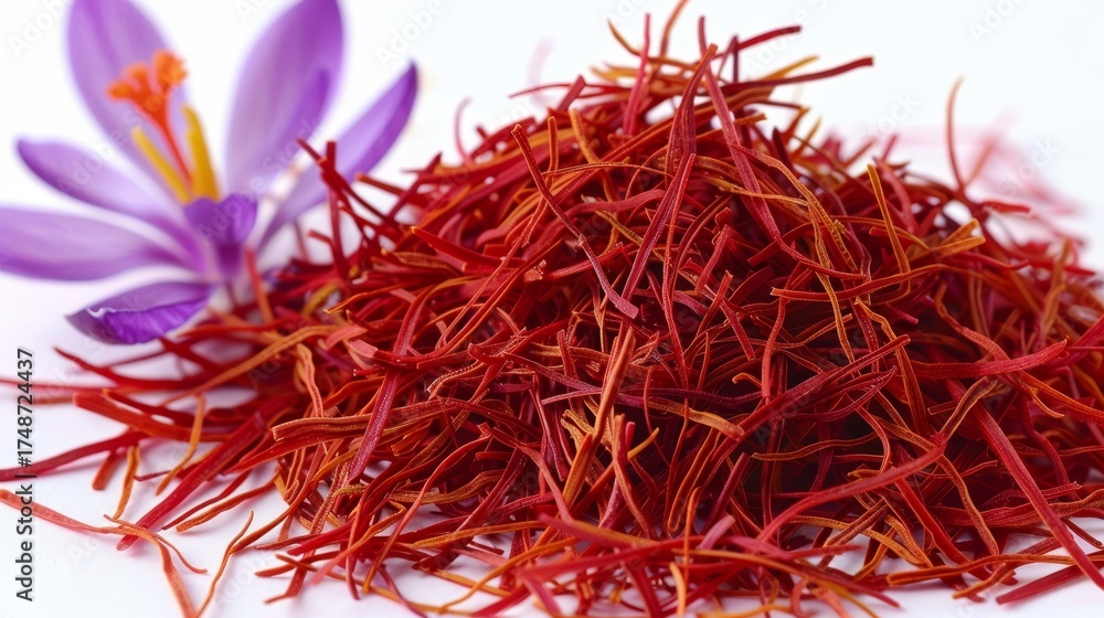 Naklejka premium Fine saffron strands forming an aromatic culinary spice ingredient on a white setting for recipes.