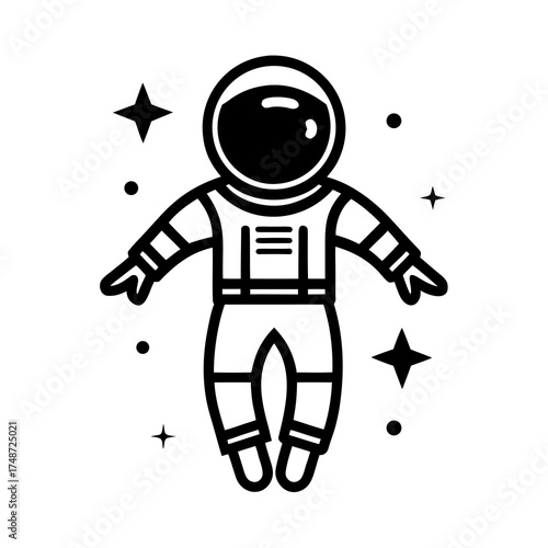Stylized black Line art of an astronaut floating in space with stars and a single star