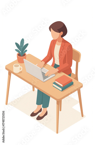 デスクでパソコン作業をするビジネスウーマンのアイソメトリックイラスト