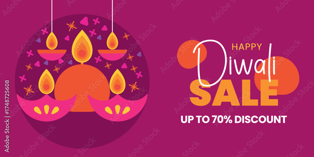 Naklejka premium Vibrant Happy Diwali Sale banner with up to 70% discount, featuring a creative, modern flat design illustration of illuminated diya oil lamps on a magenta background.