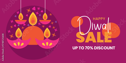 Vibrant Happy Diwali Sale banner with up to 70% discount, featuring a creative, modern flat design illustration of illuminated diya oil lamps on a magenta background.