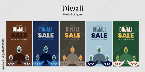 Set of five vertical sale banners for the Diwali Festival of Lights, featuring abstract, minimal diya lamp designs in various muted color palettes for advertising campaigns.