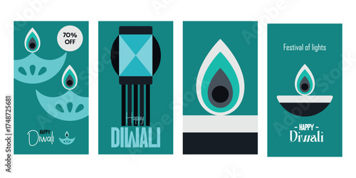 Set of four abstract, geometric Diwali banners in teal and black, featuring stylized diya lamps, a traditional lantern, and the "Festival of Lights" message.