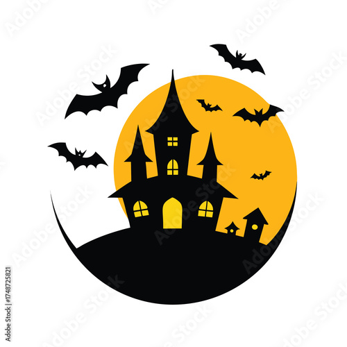 Halloween night vector with bats and haunted house