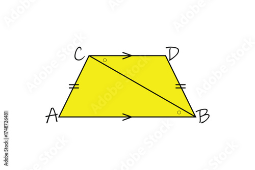 Educational geometry illustration showing an isosceles trapezoid ABCD with parallel sides and equal non-parallel sides
